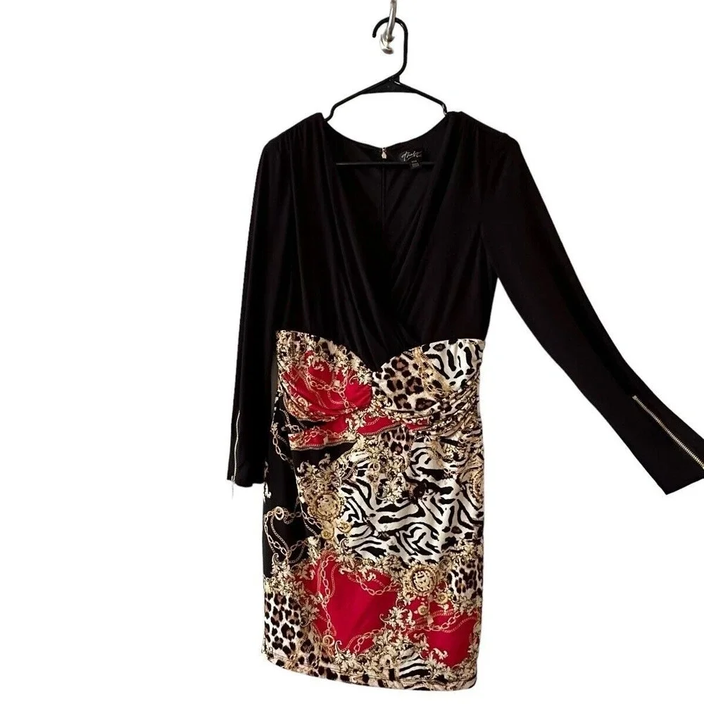 Thalia Sodi Black Red Chain Link Animal Print Sheath Ruched Bodycon LS Zipper M - Picture 5 of 16